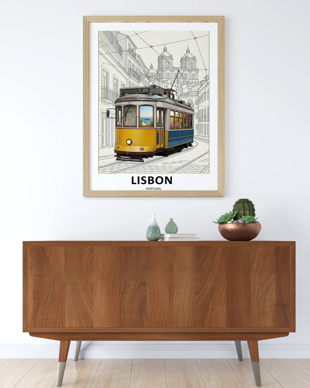 Close-up view of a mixed-media travel print illustration, where the side windows of a vintage Lisbon trolley reflect a sun-drenched coastal ocean view with a passing ship.