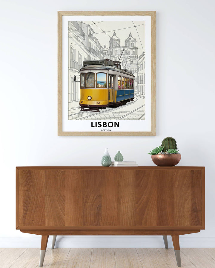 Close-up view of a mixed-media travel print illustration, where the side windows of a vintage Lisbon trolley reflect a sun-drenched coastal ocean view with a passing ship.
