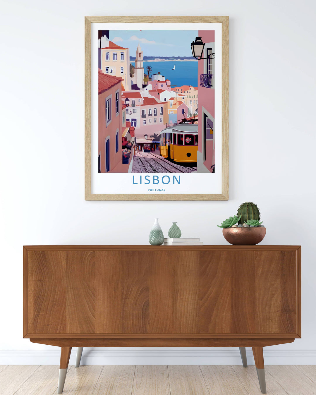 Luxury interior display of an artistic Lisbon streetscape print from MapYourDreams, where traditional architecture meets an expansive blue ocean background.