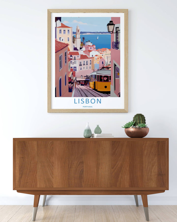 Luxury interior display of an artistic Lisbon streetscape print from MapYourDreams, where traditional architecture meets an expansive blue ocean background.