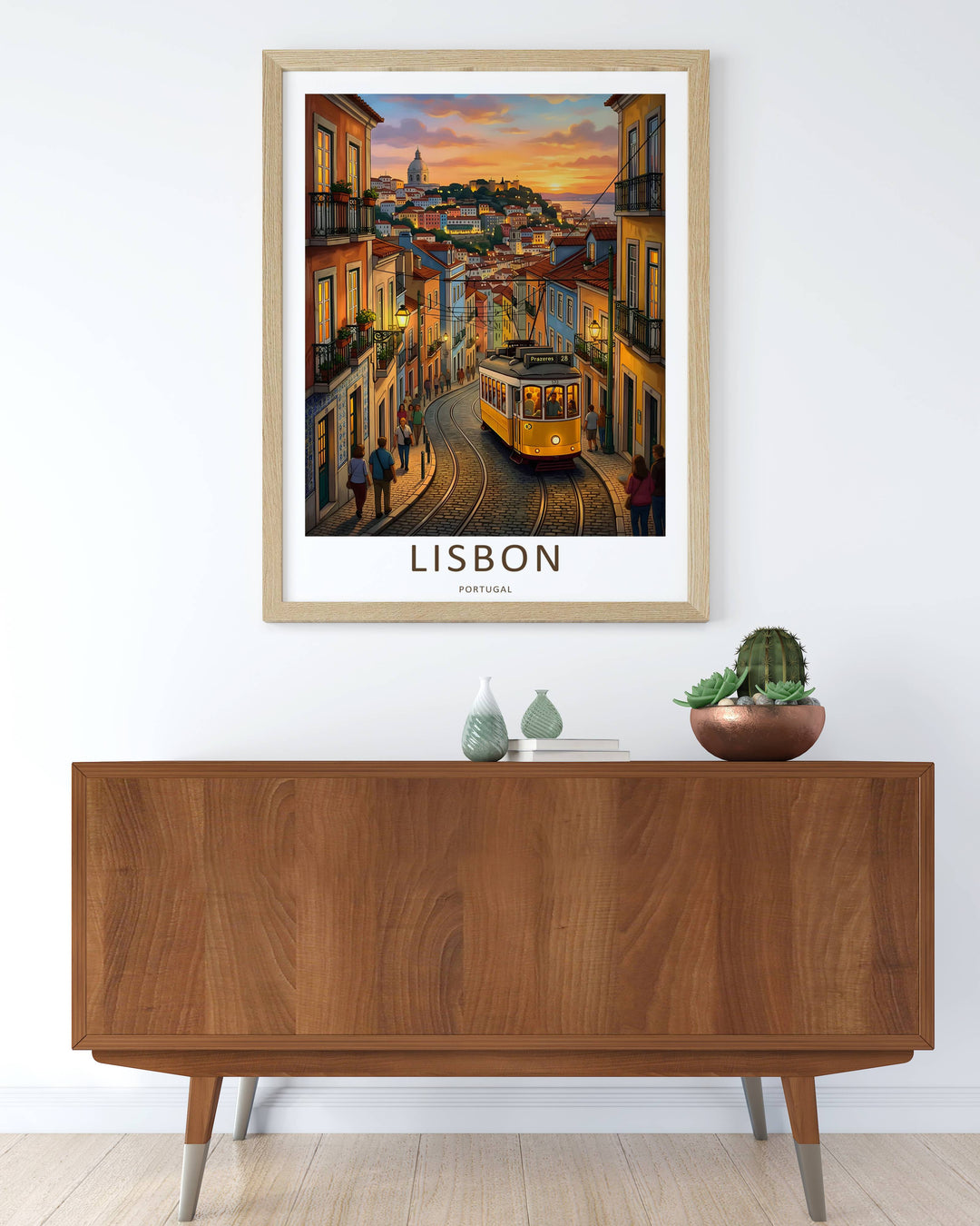 Luxury home decor print displaying a multi-colored Lisbon travel print from MapYourDreams. The artwork relies on vibrant color blocks of amber, indigo, and coral to illustrate a classic Portuguese hill climb.
