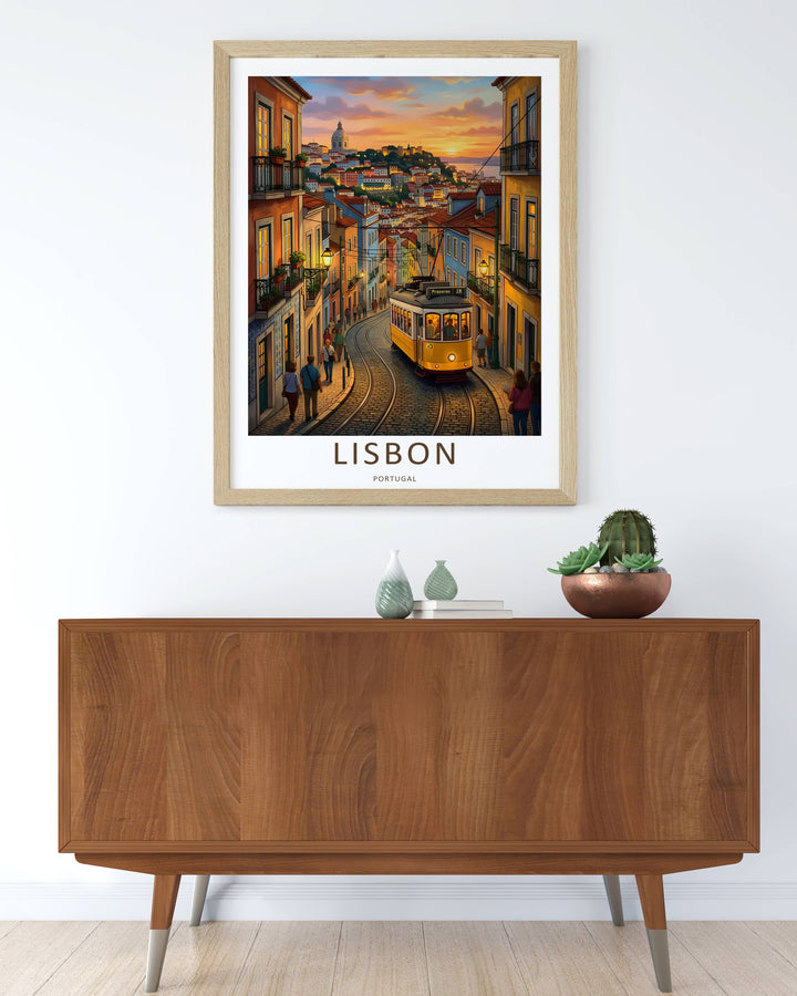 Luxury home decor print displaying a multi-colored Lisbon travel print from MapYourDreams. The artwork relies on vibrant color blocks of amber, indigo, and coral to illustrate a classic Portuguese hill climb.
