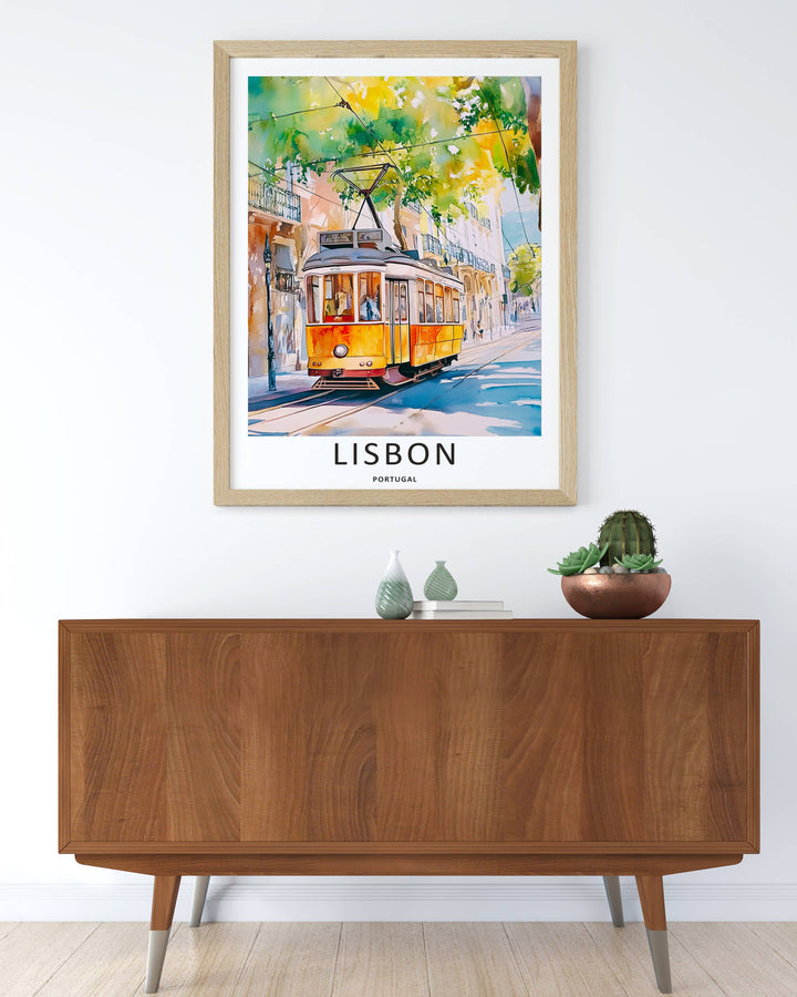 Elevated perspective watercolor art print from MapYourDreams capturing a Lisbon historic lane, balancing bright sunlit building walls with soft watercolor tree-dappled shade.