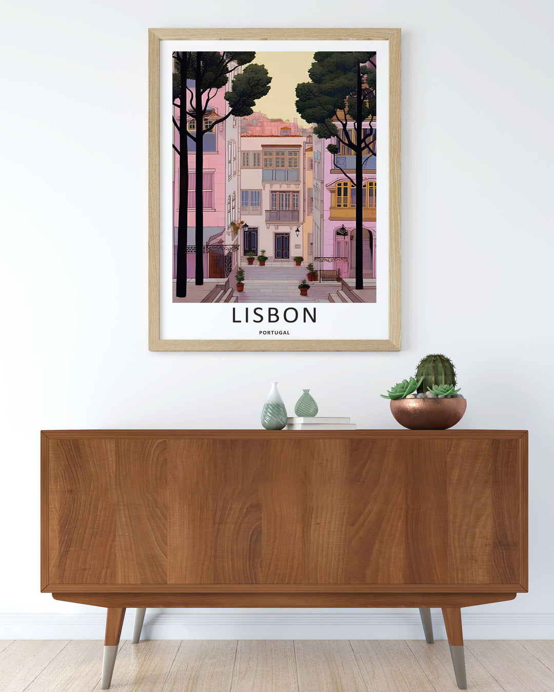 Luxury interior decor print displaying a detailed Lisbon streetscape print from MapYourDreams, where flat geometric shapes define traditional balcony structures.