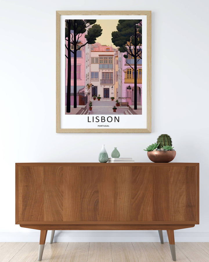 Luxury interior decor print displaying a detailed Lisbon streetscape print from MapYourDreams, where flat geometric shapes define traditional balcony structures.