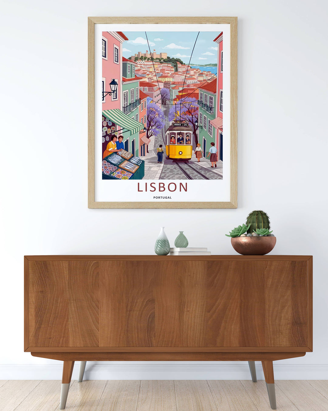 Luxury interior decor print displaying a detailed Lisbon streetscape print from MapYourDreams, where citizens converse near traditional wrought-iron window balconies.
