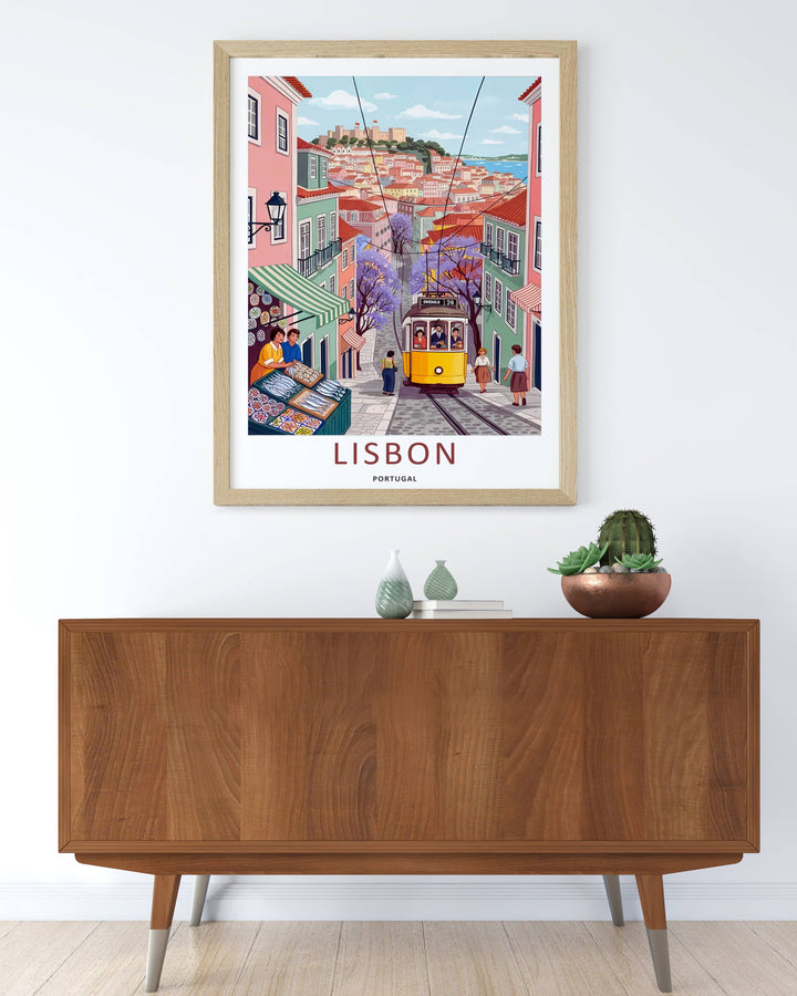 Luxury interior decor print displaying a detailed Lisbon streetscape print from MapYourDreams, where citizens converse near traditional wrought-iron window balconies.