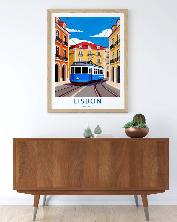 Luxury interior display of an artistic Lisbon streetscape print from MapYourDreams, where flat geometric shapes define traditional old-world architecture.