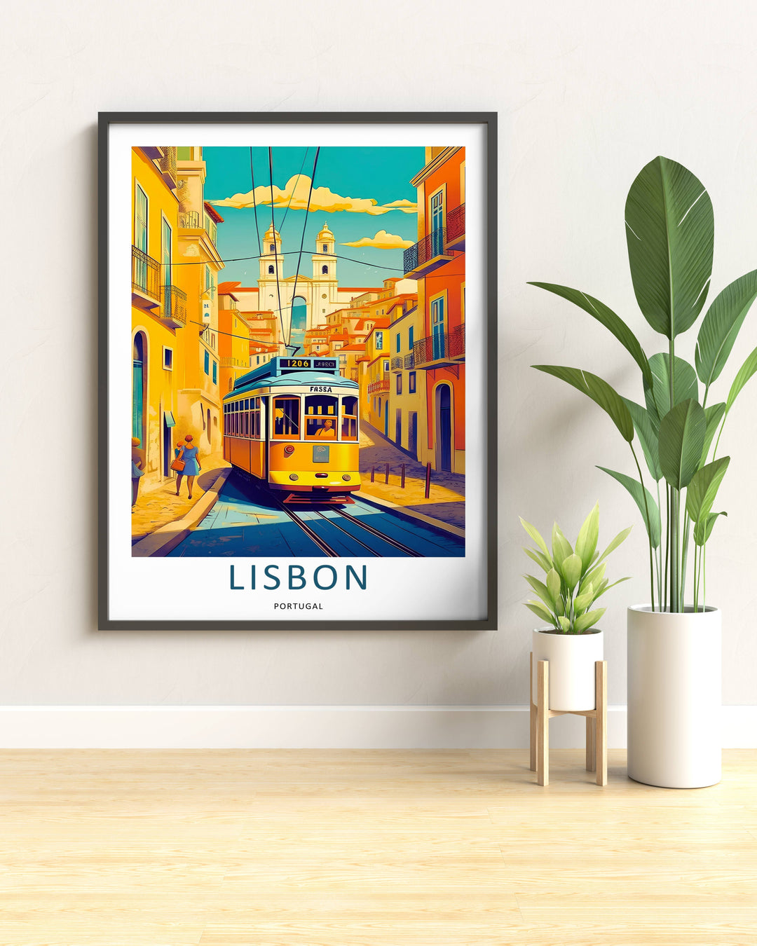 Lisbon Graphic Skyline Wall Art: Alfama District Yellow Tram 28 Modern Retro Print