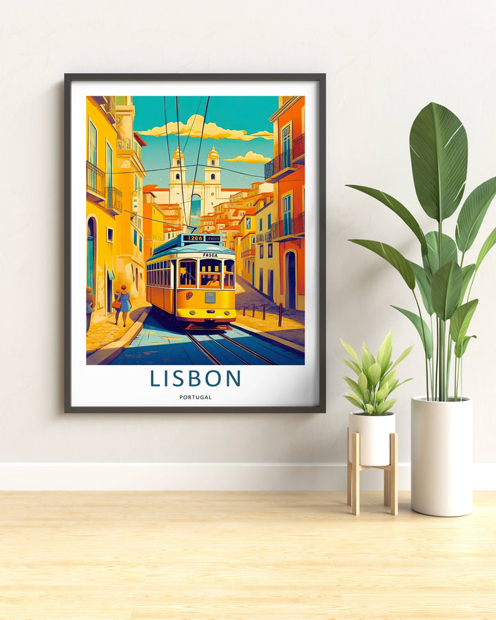 Lisbon Graphic Skyline Wall Art: Alfama District Yellow Tram 28 Modern Retro Print