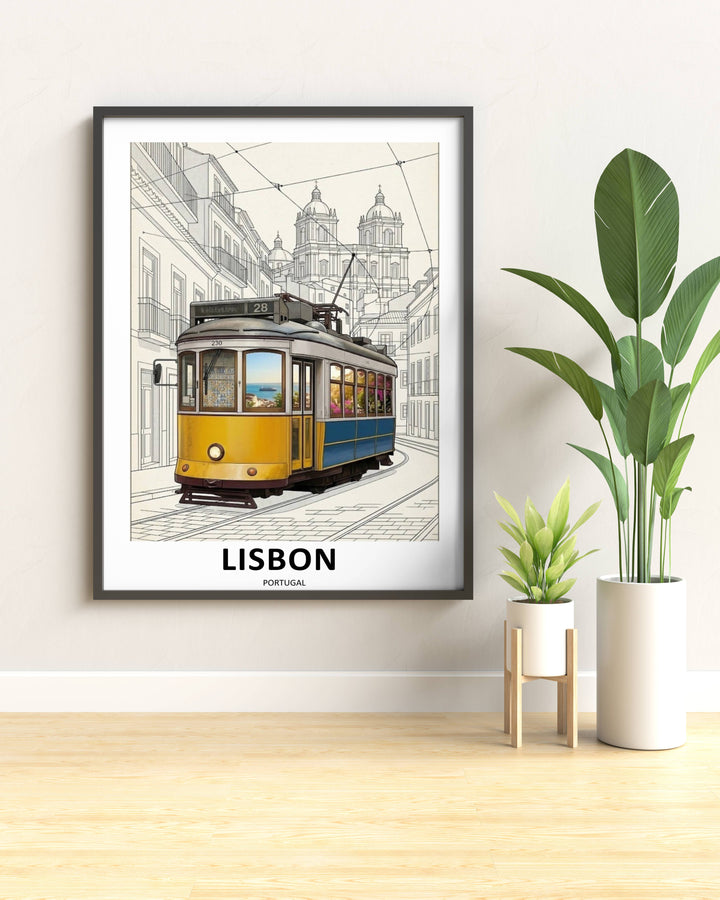 Editorial style fine art print capturing the historic Alfama district of Lisbon, using a sophisticated blend of detailed vehicle texturing and clean, architectural outline drawing paths.