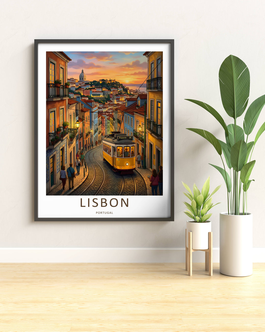 Linear perspective print from MapYourDreams detailing a steep Lisbon cobblestone road, with a detailed yellow streetcar centered in the frame, flanked by layered residential blocks under stylized clouds.