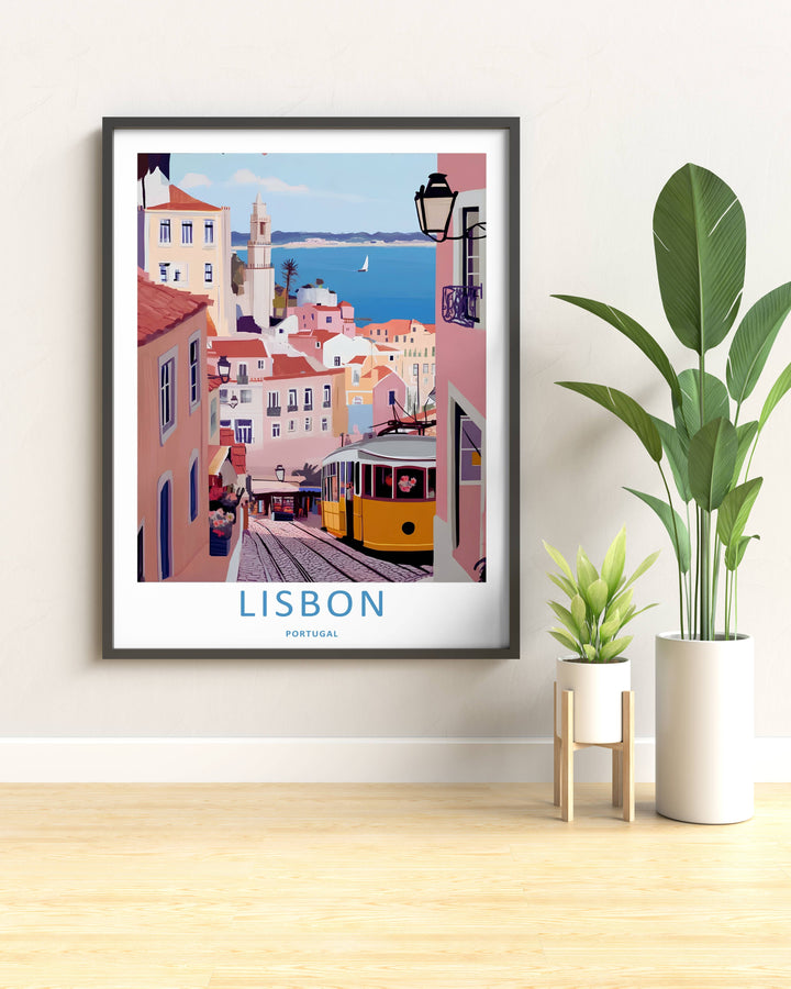 Elevated viewpoint art print from MapYourDreams capturing a Lisbon coastal vista, balancing a tight historic alleyway layout with a calm open sea.