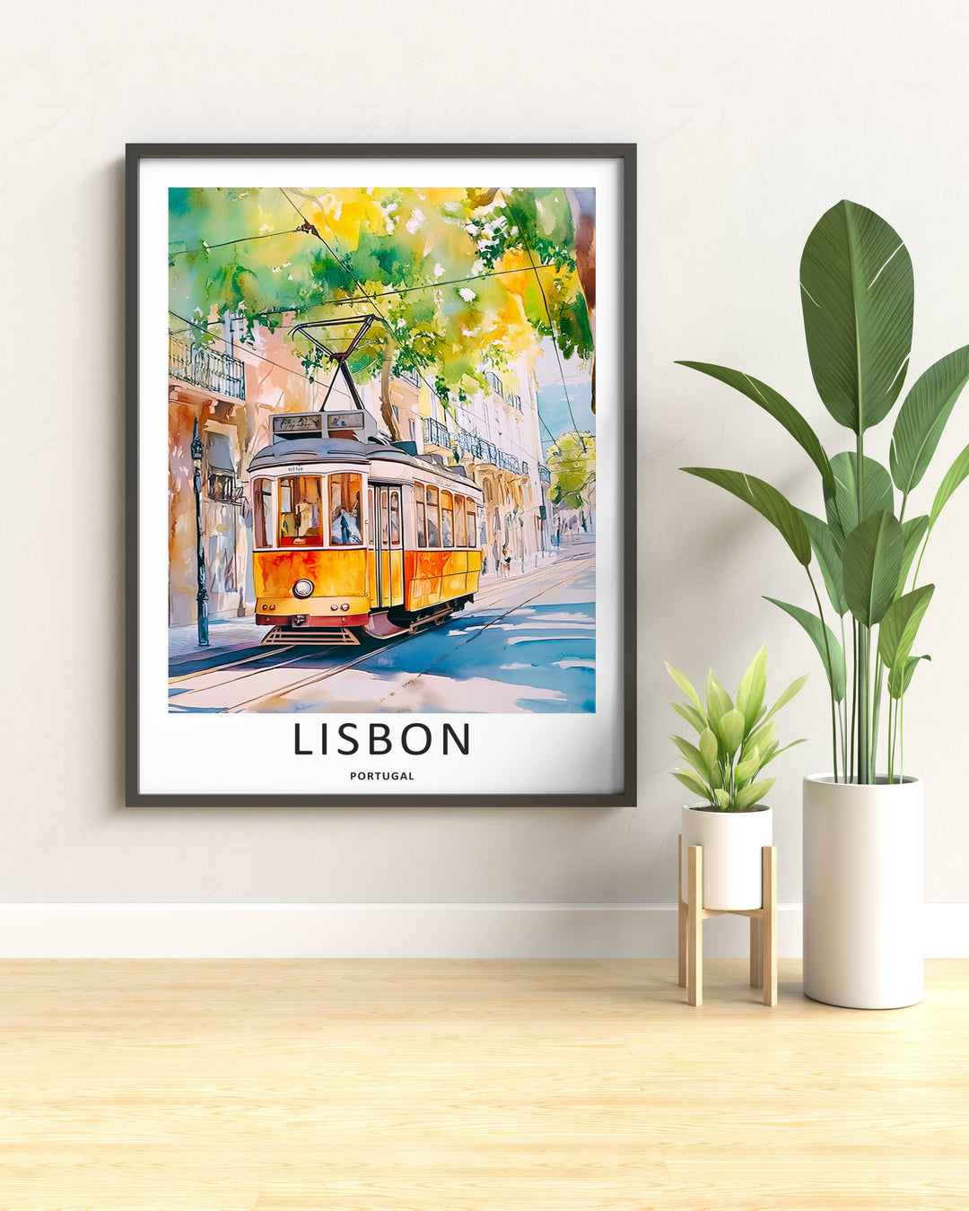 Saturated fine art print illustrating a Lisbon view from MapYourDreams, using fluid watercolor techniques to depict a classic streetcar ride on a warm day.