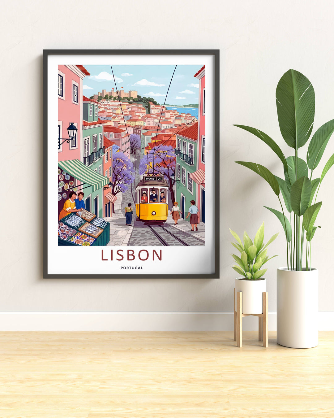 Elevated perspective art print from MapYourDreams capturing a Lisbon coastal vista, balancing a bustling historic alleyway layout with a calm blue ocean horizon.