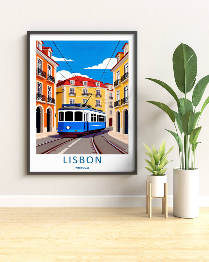 Elevated perspective art print from MapYourDreams capturing a Lisbon neighborhood curve, balancing sharp building angles with a solid blue sky backdrop.
