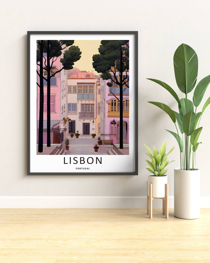 Elevated perspective art print from MapYourDreams capturing a Lisbon secret courtyard, balancing clean vertical building heights with organic tree branches.