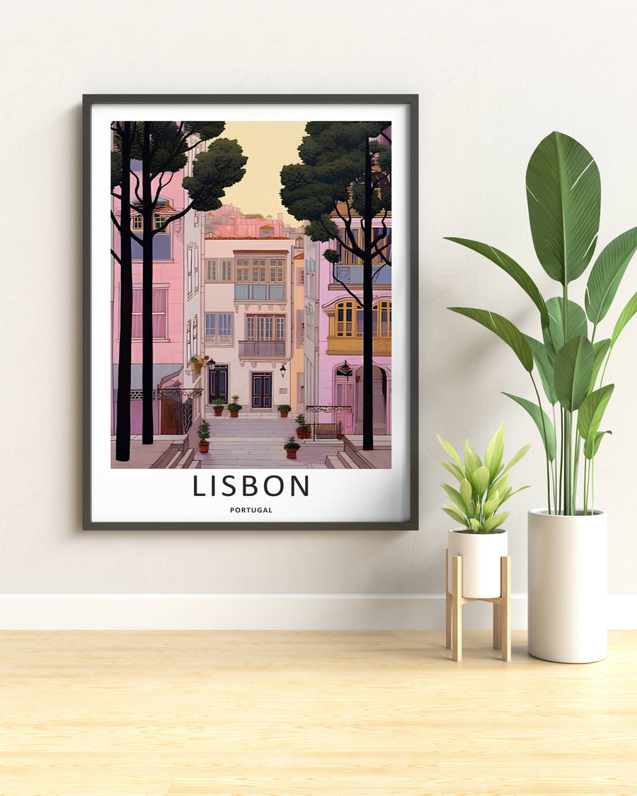 Elevated perspective art print from MapYourDreams capturing a Lisbon secret courtyard, balancing clean vertical building heights with organic tree branches.