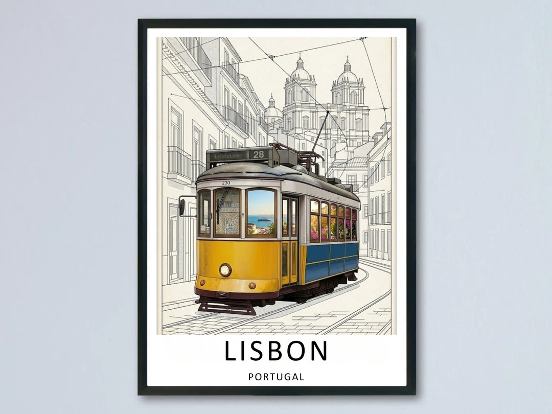 A minimalist Lisbon Portugal travel poster featuring a detailed yellow vintage Tram 28 climbing a steep cobblestone street against a fine black ink architectural line art background.