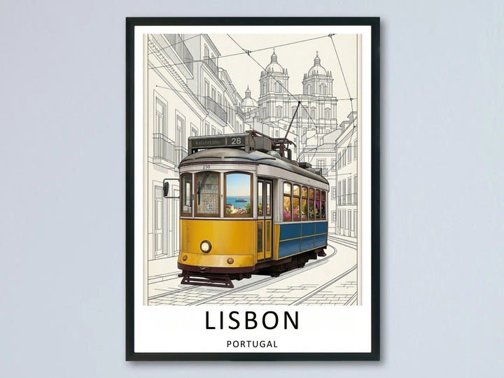 A minimalist Lisbon Portugal travel poster featuring a detailed yellow vintage Tram 28 climbing a steep cobblestone street against a fine black ink architectural line art background.