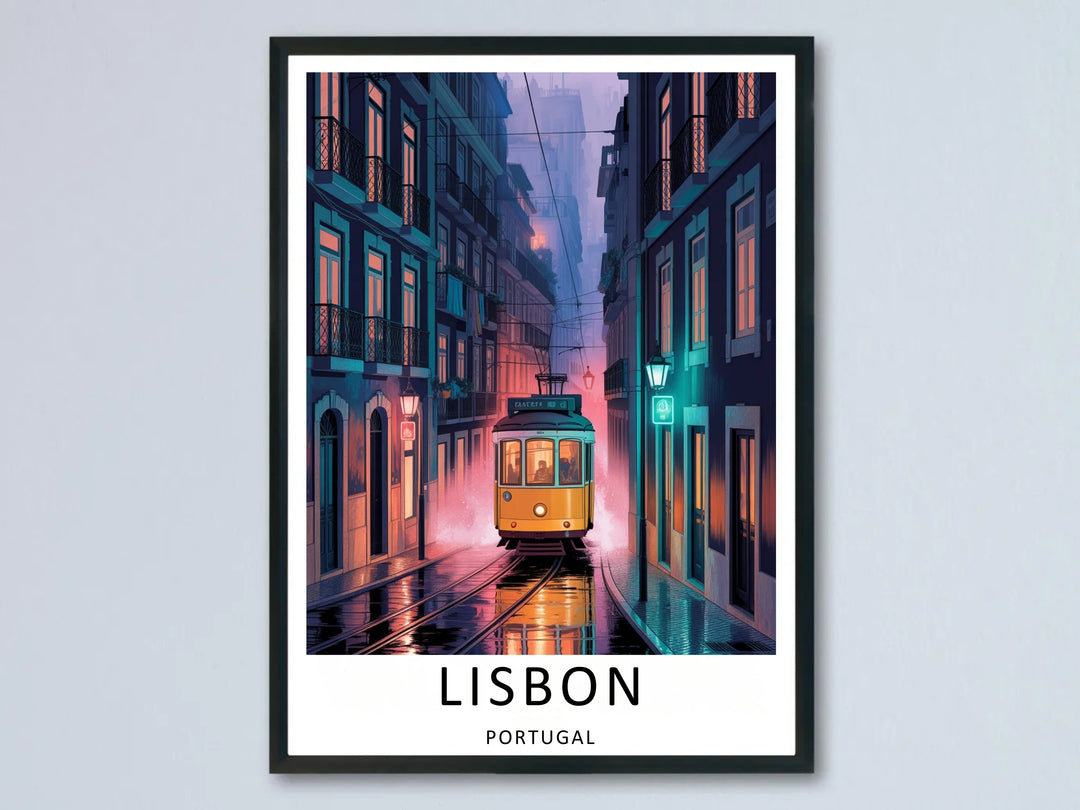 Museum quality travel print of Portugal featuring a yellow tram on dark metallic tracks, perfect for a modern minimalist bedroom gallery wall.