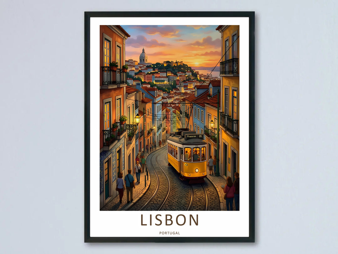 A detailed closeup on a framed graphic travel print, where MapYourDreams renders a historic yellow Tram 28 winding downhill over cobblestones between multi-colored historic facades at sunset.