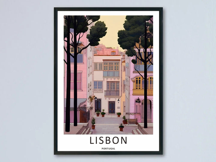 A framed Lisbon travel poster from MapYourDreams, showcasing a quiet pink residential alleyway with stone steps and tall green trees in a clean architectural vector style.