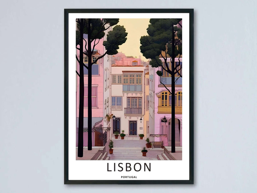 A framed Lisbon travel poster from MapYourDreams, showcasing a quiet pink residential alleyway with stone steps and tall green trees in a clean architectural vector style.