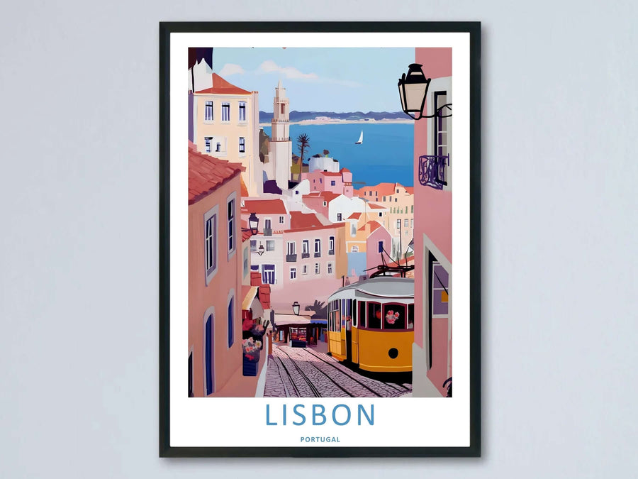 A beautiful framed Lisbon travel poster from MapYourDreams, showcasing a yellow tram on a steep pink street overlooking a deep blue ocean with a lone sailboat.