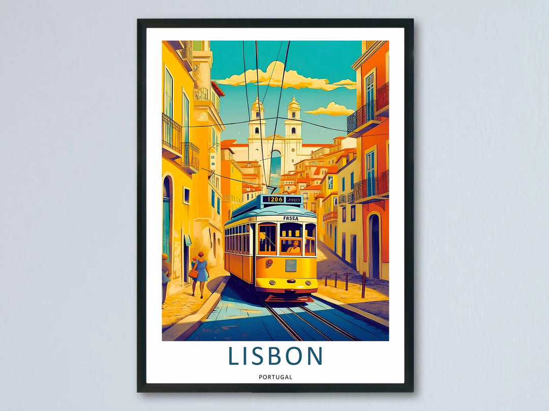 High-contrast close-up on a Lisbon travel poster showcasing a sharp-angled yellow streetcar moving downhill over steel tracks, surrounded by vibrant tangerine and sand-colored facades under a teal horizon.