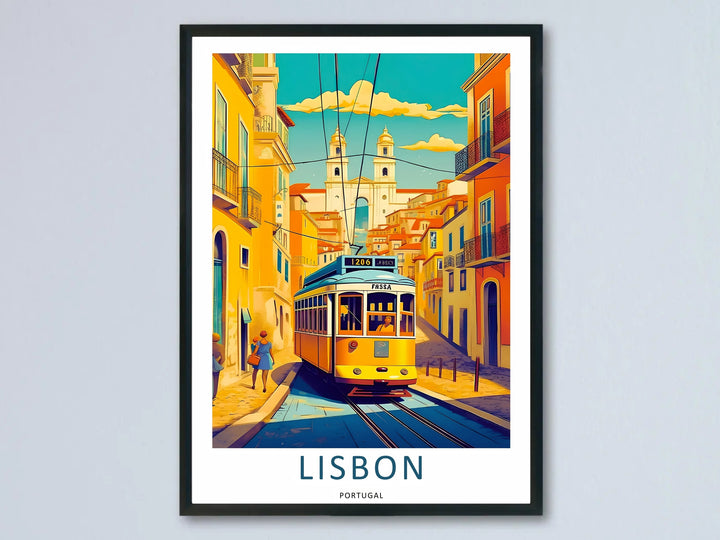 High-contrast close-up on a Lisbon travel poster showcasing a sharp-angled yellow streetcar moving downhill over steel tracks, surrounded by vibrant tangerine and sand-colored facades under a teal horizon.