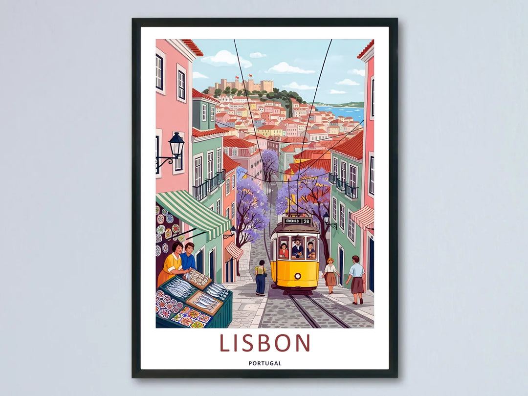 Symmetrical perspective of a pastel Lisbon neighborhood wall art print by MapYourDreams, showing pink and green buildings under a clear sky with a hilltop castle.