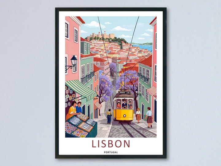 Symmetrical perspective of a pastel Lisbon neighborhood wall art print by MapYourDreams, showing pink and green buildings under a clear sky with a hilltop castle.