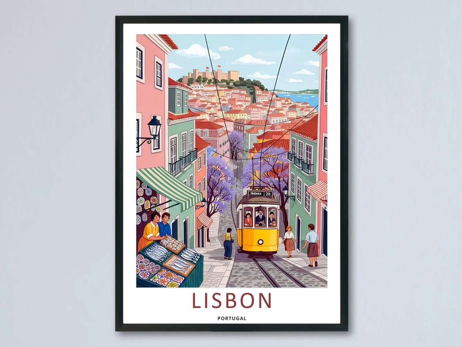 Symmetrical perspective of a pastel Lisbon neighborhood wall art print by MapYourDreams, showing pink and green buildings under a clear sky with a hilltop castle.
