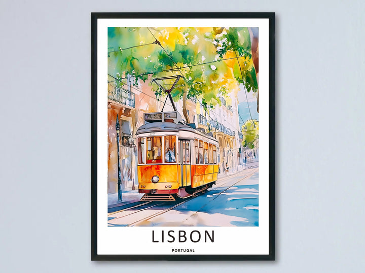 High-contrast detail of a watercolor Lisbon wall art print by MapYourDreams, featuring bright yellow and green pigments bleeding into soft turquoise street shadows.