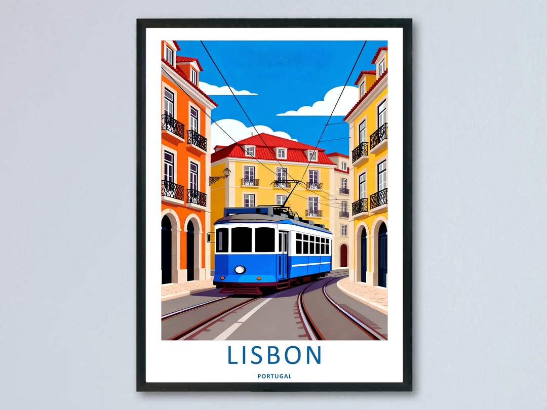 A framed Lisbon travel poster from MapYourDreams, showcasing an electric blue tram car traveling down a steep hill bordered by bright orange and yellow buildings.