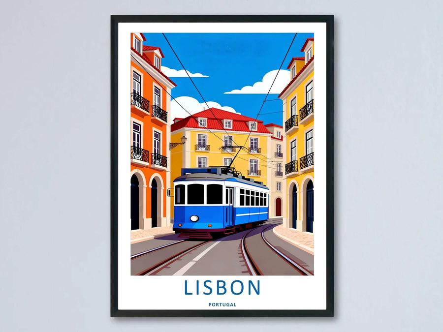 A framed Lisbon travel poster from MapYourDreams, showcasing an electric blue tram car traveling down a steep hill bordered by bright orange and yellow buildings.