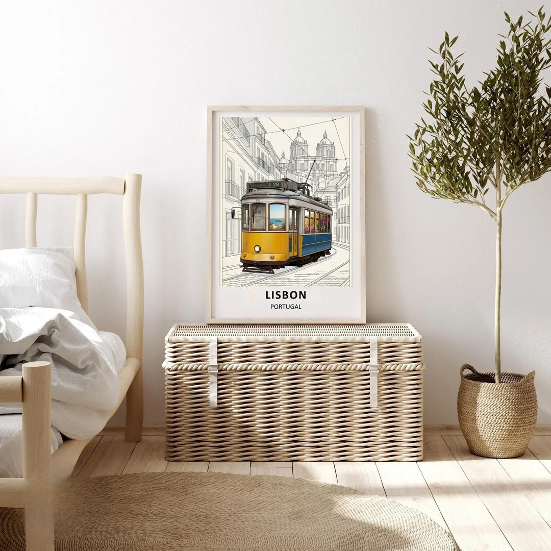 Boutique quality canvas wall decor of Lisbon, Portugal, emphasizing smooth vertical perspective lines, a weathered public transit trolley, and delicate graphic overhead power cables.