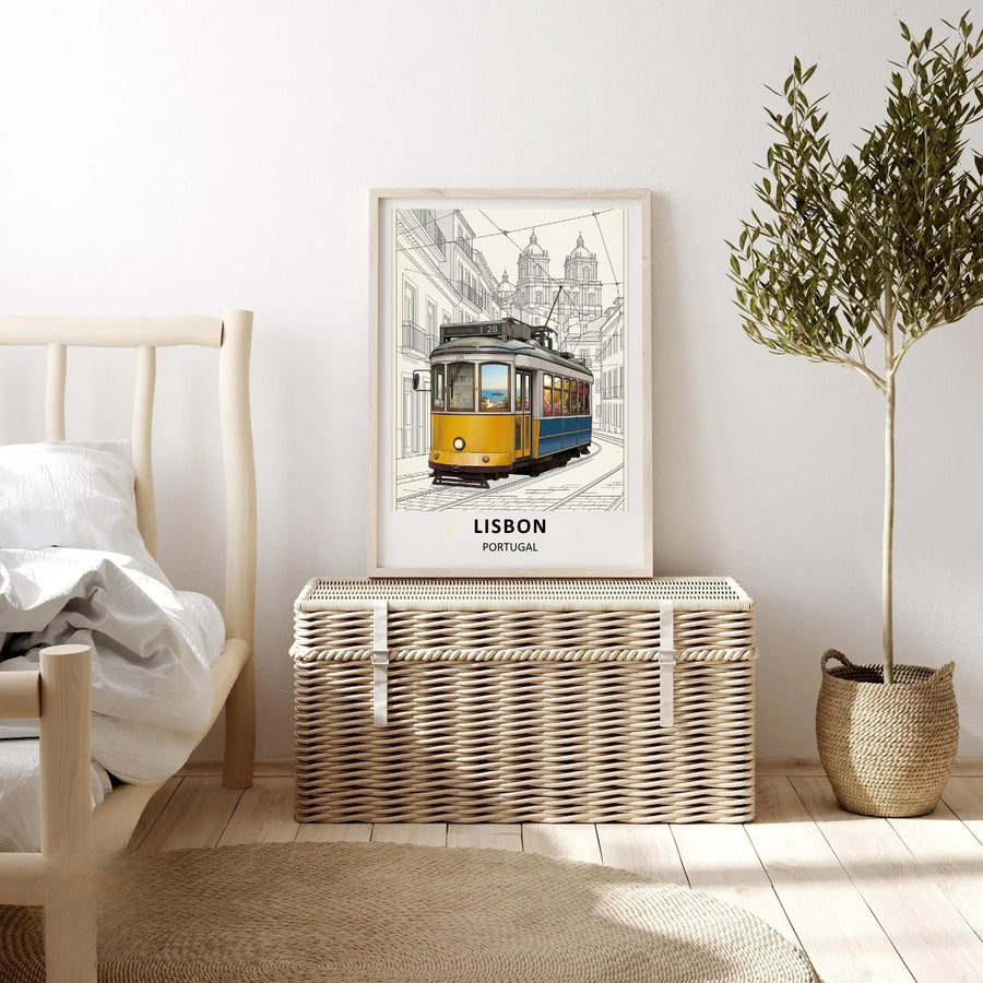 Boutique quality canvas wall decor of Lisbon, Portugal, emphasizing smooth vertical perspective lines, a weathered public transit trolley, and delicate graphic overhead power cables.
