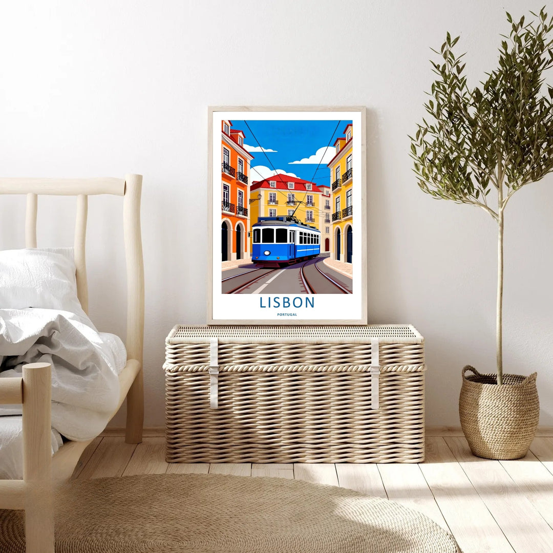 Linear perspective study of a Lisbon travel print from MapYourDreams, tracking the overhead electrical cables running between minimalist red-roofed townhomes.