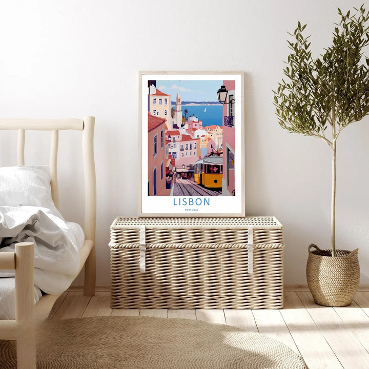 Linear perspective study of a Lisbon travel print from MapYourDreams, tracking the tracks of a yellow tram descending toward a sprawling ocean horizon view.