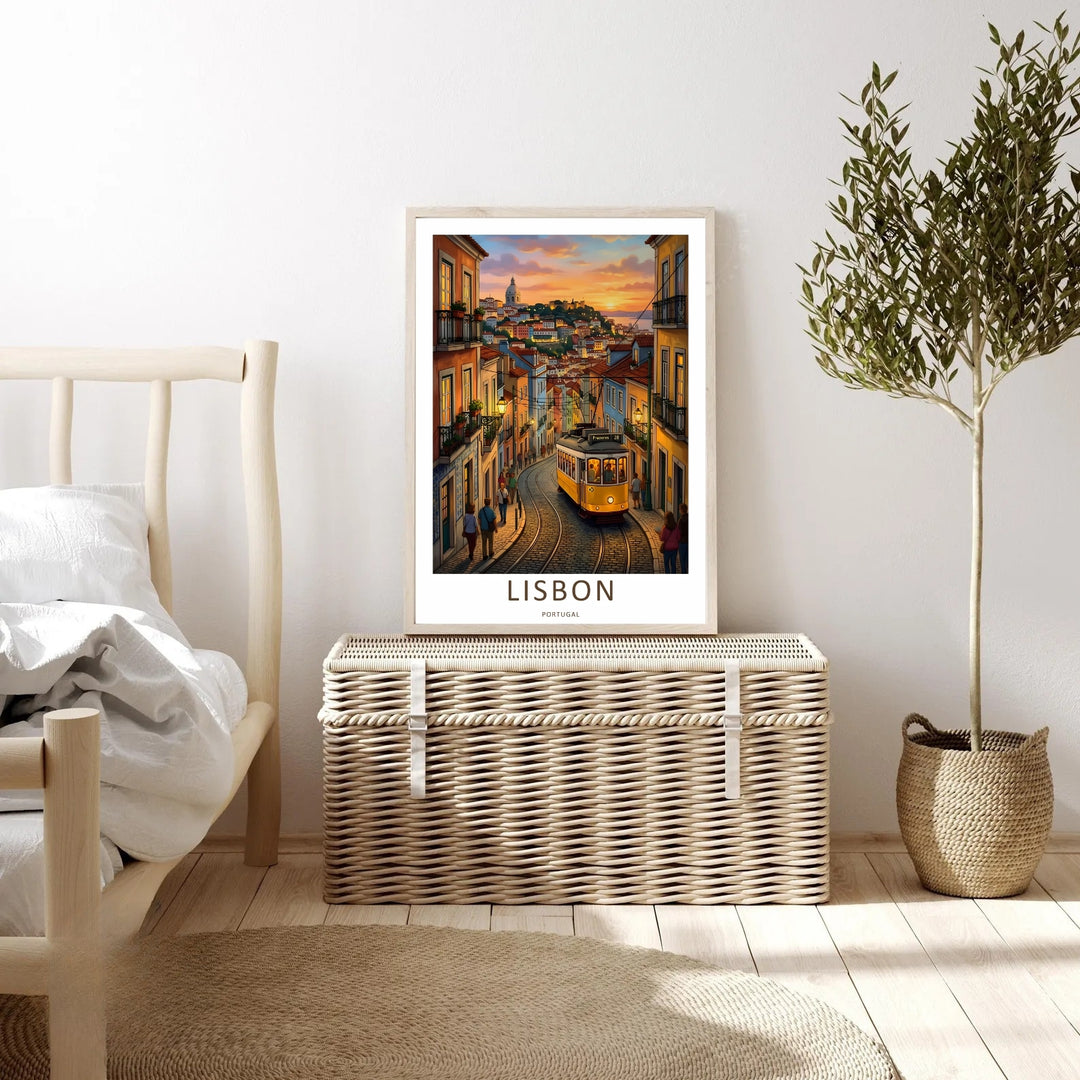 Geometric vector print detailing the complex overhead wiring network and detailed architectural tiers of Lisbon’s Alfama district hill, using rich gold, indigo, and saturated coral tones from MapYourDreams.