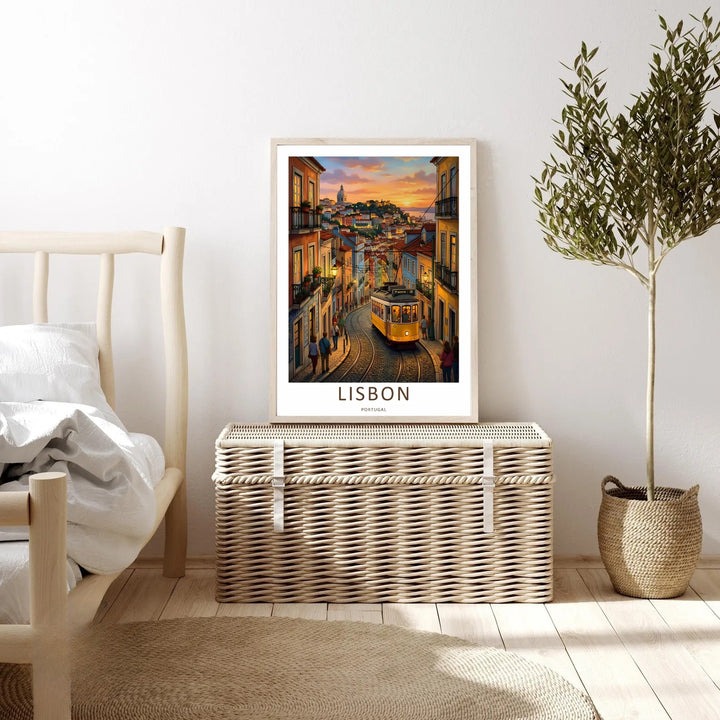 Geometric vector print detailing the complex overhead wiring network and detailed architectural tiers of Lisbon’s Alfama district hill, using rich gold, indigo, and saturated coral tones from MapYourDreams.