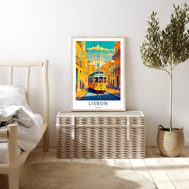 Contemporary room setup featuring an unframed Lisbon skyline poster. The artwork showcases sharp horizontal lines of historic apartments alongside the curved roof of a classic yellow tram car.