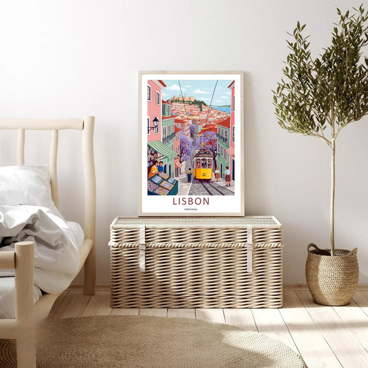 Linear perspective study of a Lisbon vector art print from MapYourDreams, tracking a historic yellow trolley car with passengers driving between colorful apartment blocks.