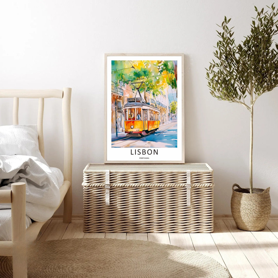 Linear perspective study of a watercolor Lisbon landscape from MapYourDreams, tracking the loose paint washes of a tram line climbing past historic building facades.