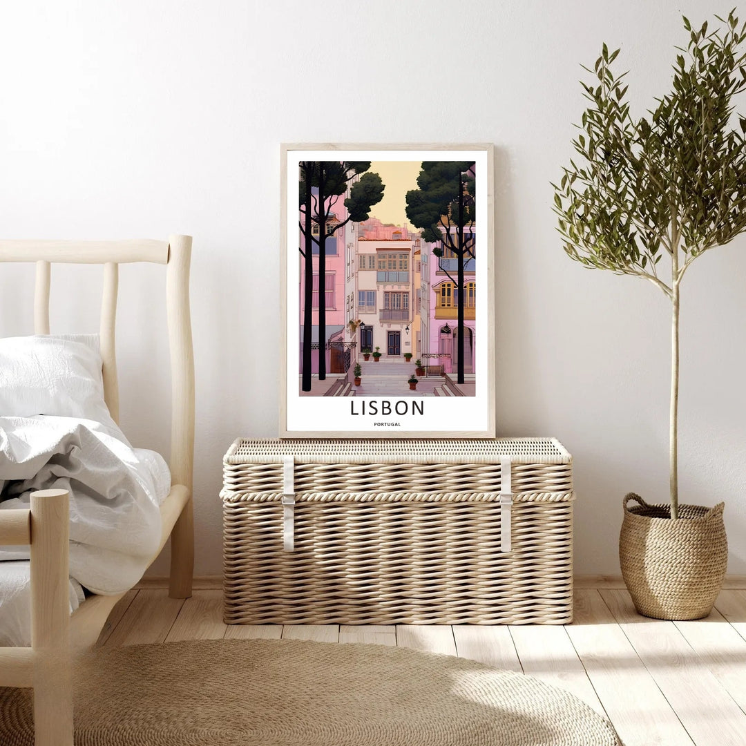 High-contrast close-up on a Lisbon fine art print from MapYourDreams, highlighting the sharp details of dark paneled doors and small potted plants on a stone staircase.