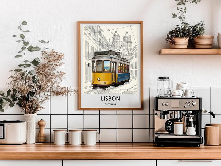 Sleek black framed gallery canvas print of a Portugal travel poster layout, displaying a sharp 3D-effect streetcar and empty off-white sky framing the historic Santa Engracia Basilica.