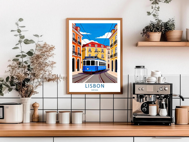 Contemporary room arrangement featuring an unframed Lisbon skyline poster by MapYourDreams, capturing a bold pop-art aesthetic with clean white clouds.