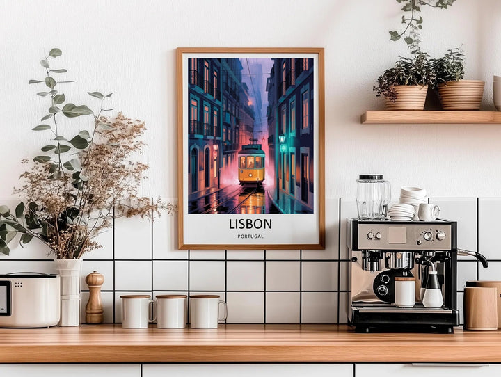 A moody Lisbon Portugal travel poster featuring a glowing yellow vintage tram on a wet cobblestone street at night, surrounded by tall dark city buildings.